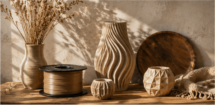 Filament, wazony i próbki wydruków 3D na drewnianym stole