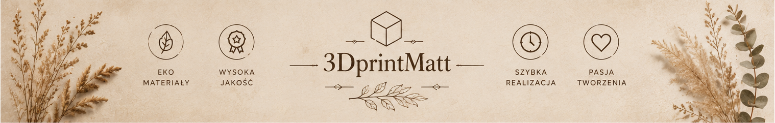 Stopka identyfikacji 3DprintMatt z ikonami: eko materiały, wysoka jakość, szybka realizacja i pasja tworzenia
